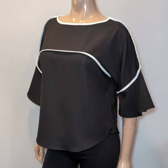 3/$20 Mimi Fashion Japan Bell Sleeve Top Contrast Trim Blouse *Fits Smaller* - Picture 4 of 11